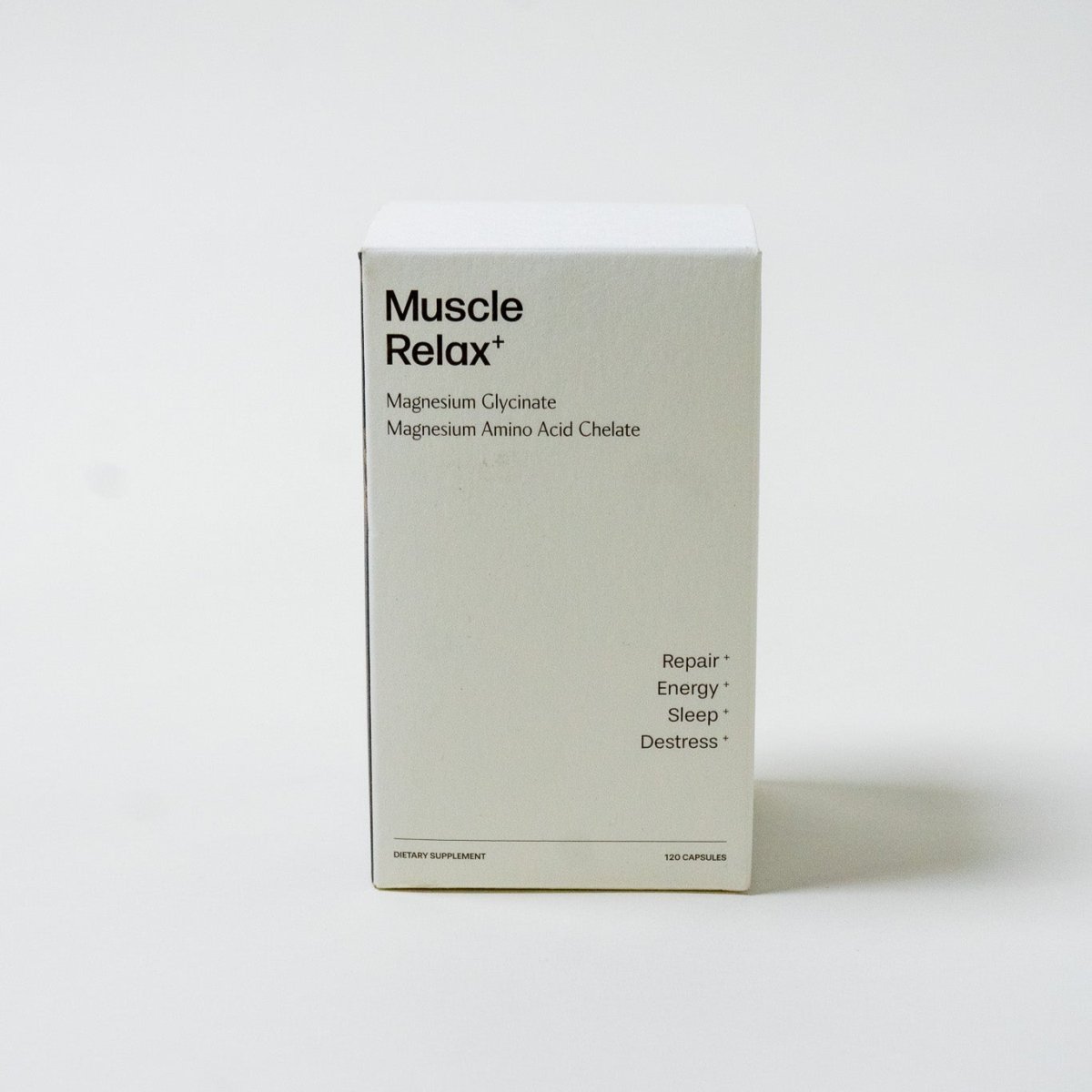 Muscle Relax+ Magnesium Glycinate supplement formulated to support muscle relaxation, reduce cramps, and promote restful sleep and recovery