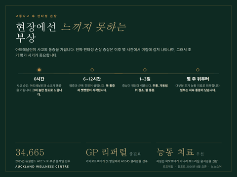 교통사고 후 편타성 손상 증상 타임라인: 0시간에는 아드레날린이 통증을 가려 그저 놀란 정도로 느끼고, 6~12시간에 목 통증과 뻣뻣함이 시작되며, 1~3일에 두통과 가동범위 감소로 증상이 정점에 이르고, 이후 몇 주에 걸쳐 대부분은 조기 능동 치료로 회복하지만 일부는 지속 통증이 남습니다. 뉴질랜드는 2025년 34,665건의 ACC 도로 부상 클레임을 접수했습니다.