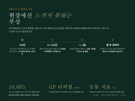 교통사고 후 편타성 손상 증상 타임라인: 0시간에는 아드레날린이 통증을 가려 그저 놀란 정도로 느끼고, 6~12시간에 목 통증과 뻣뻣함이 시작되며, 1~3일에 두통과 가동범위 감소로 증상이 정점에 이르고, 이후 몇 주에 걸쳐 대부분은 조기 능동 치료로 회복하지만 일부는 지속 통증이 남습니다. 뉴질랜드는 2025년 34,665건의 ACC 도로 부상 클레임을 접수했습니다.