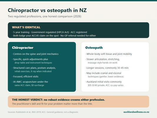 Chiropractor vs osteopath in New Zealand: side-by-side comparison of training, techniques, ACC coverage and costs