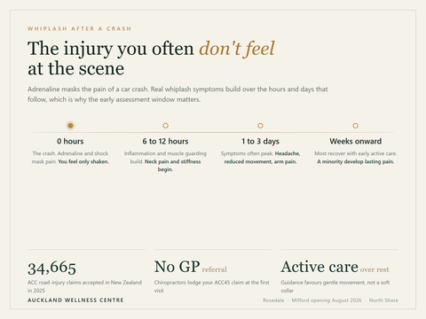 Whiplash symptom onset timeline: pain often begins 6 to 12 hours after a car crash. 34,665 ACC road-injury claims accepted in New Zealand in 2025.
