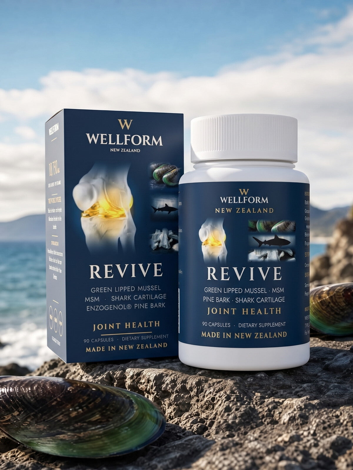 WELLFORM REVIVE bottle on the rocks with green lipped mussel shells