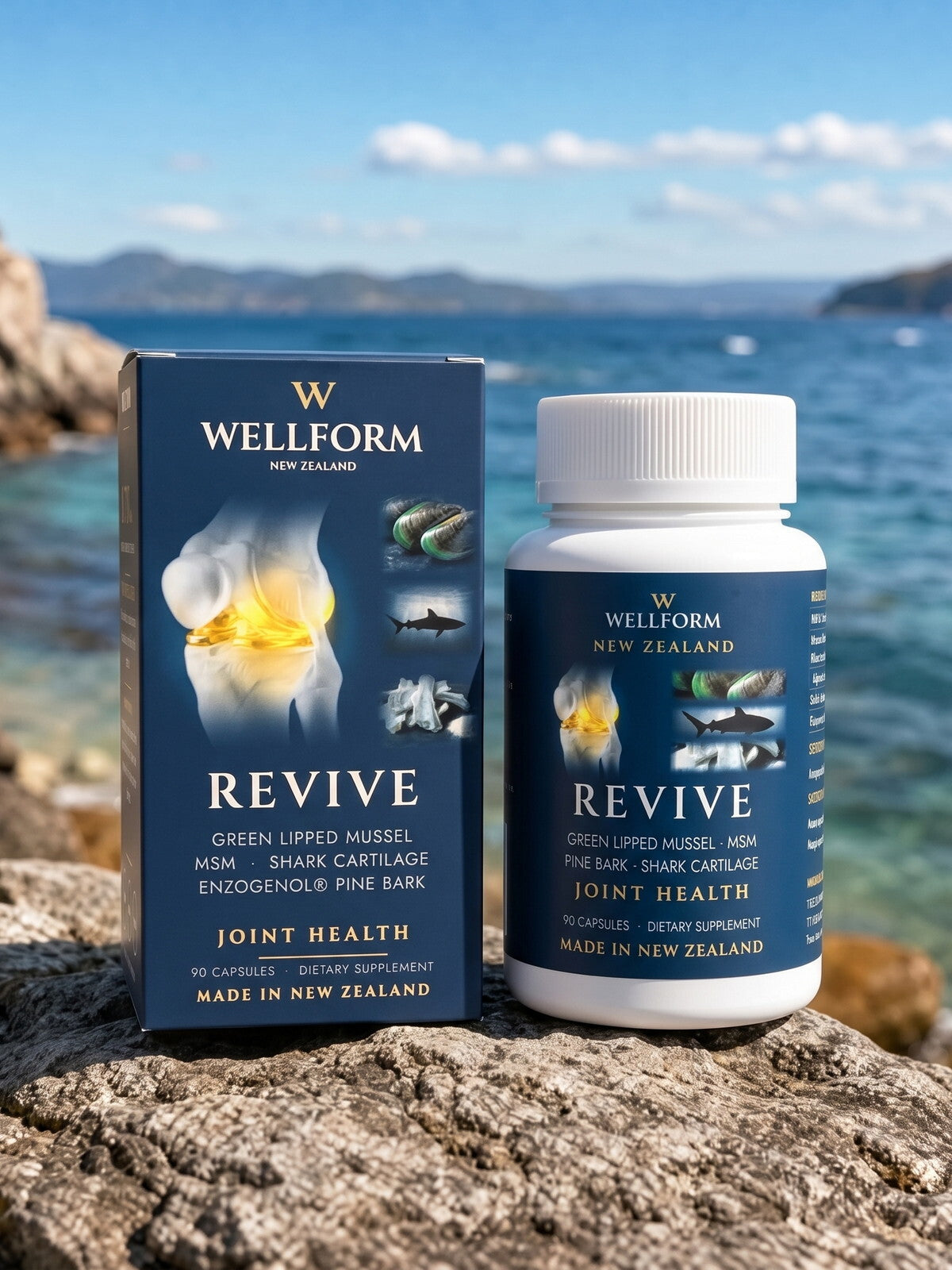 WELLFORM REVIVE box and bottle by the sea in New Zealand