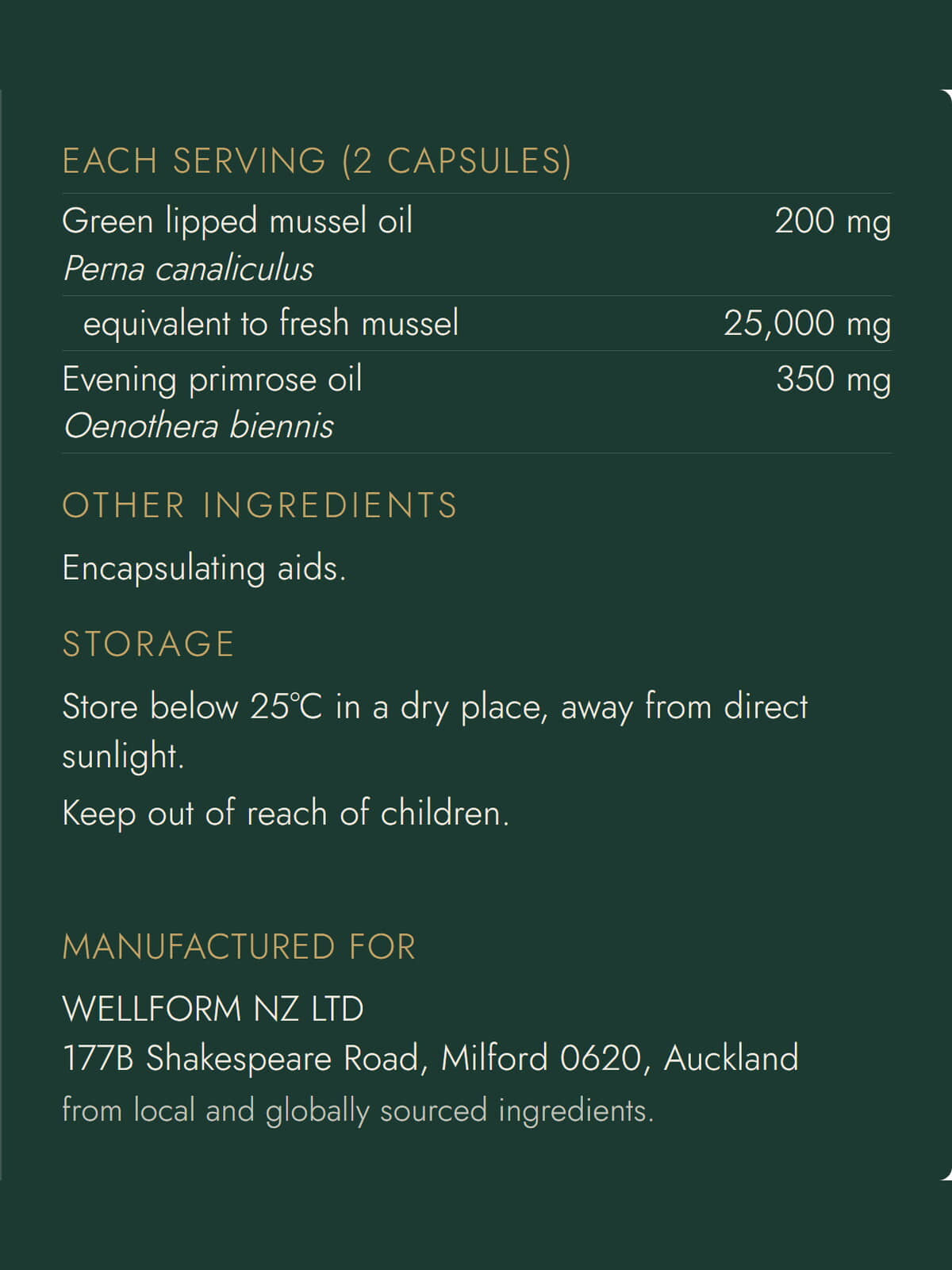 WELLFORM RAPID supplement facts, 2 capsule serving