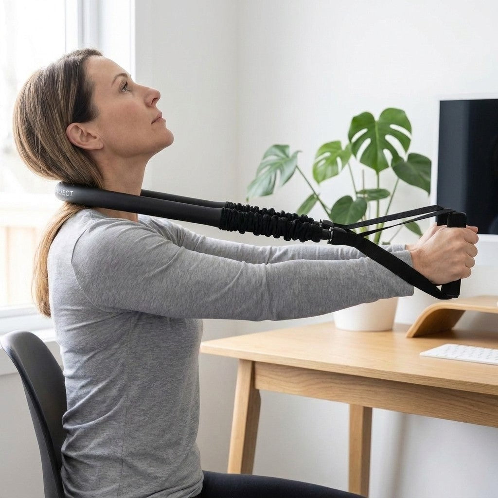 Woman pushing the band forward while taking her head back, seated at a desk