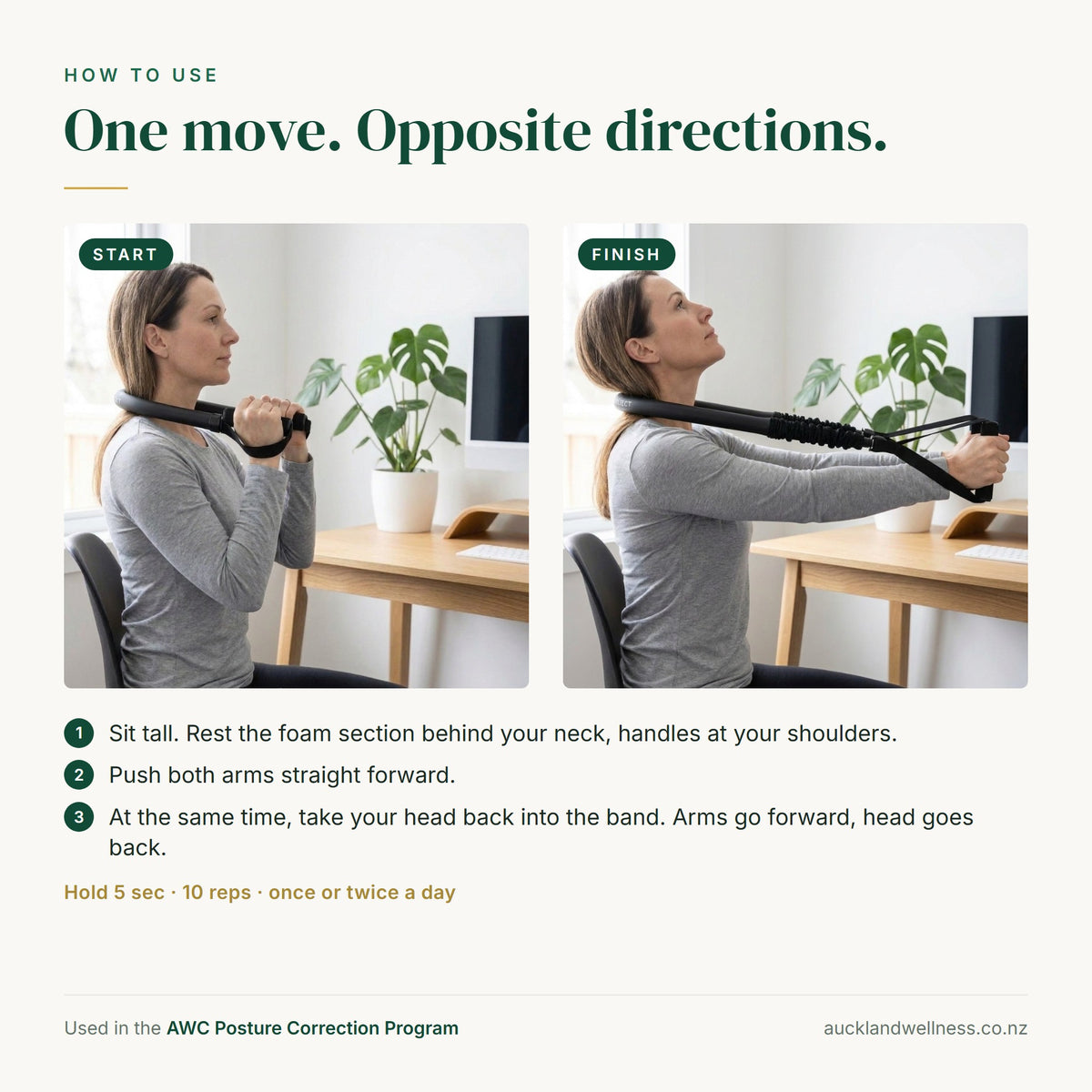 How to use: arms push forward while the head goes back into the band