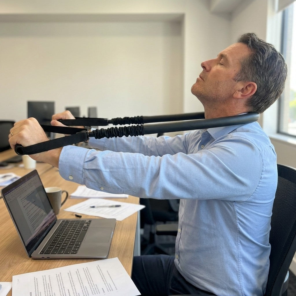Office worker pushing the band forward with his head back during a desk break