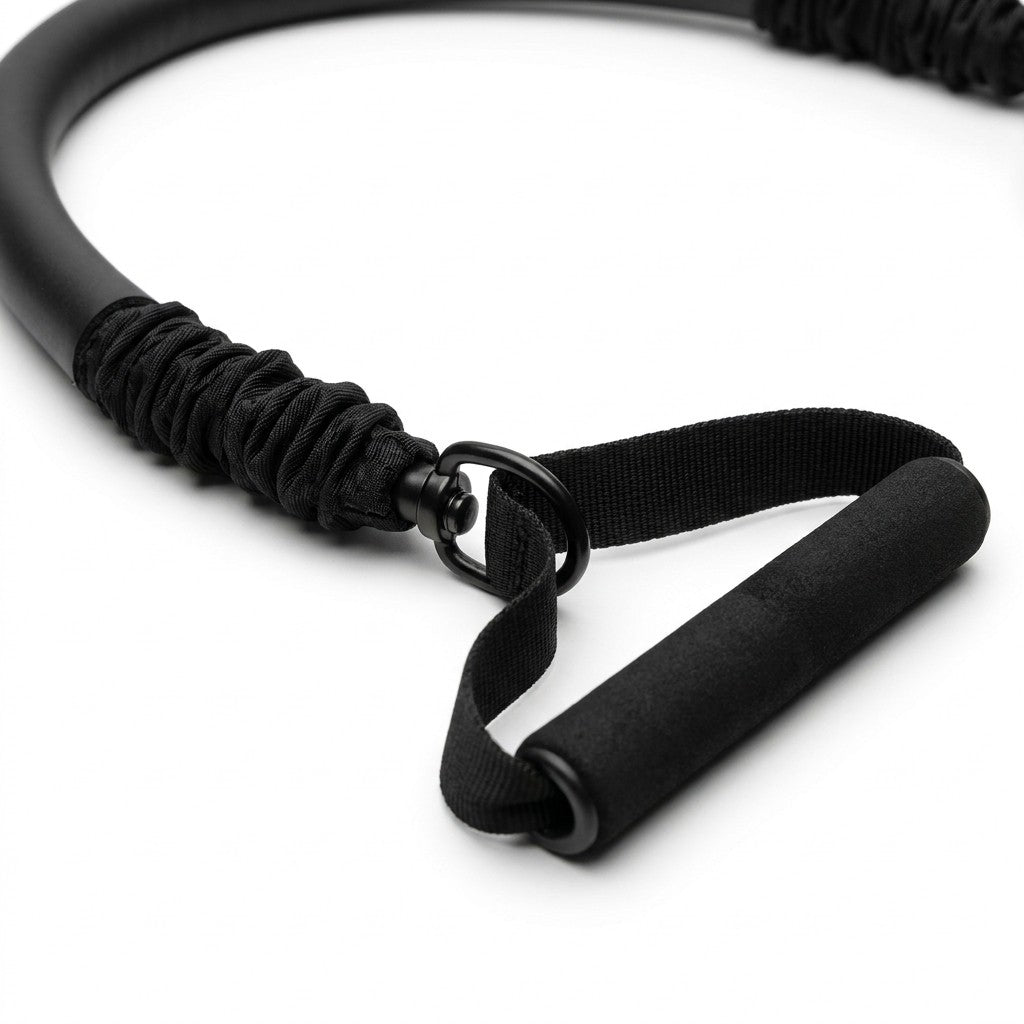 Close-up of the foam D-handle, swivel ring and fabric sleeve